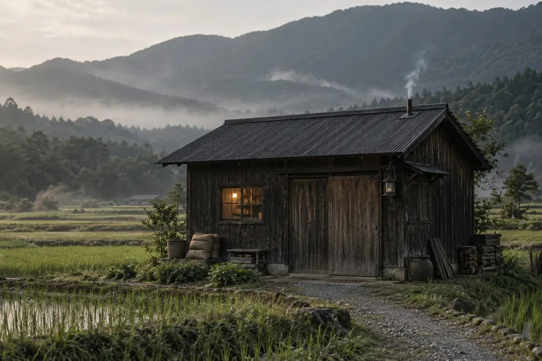 田んぼの中に建つ店の外観