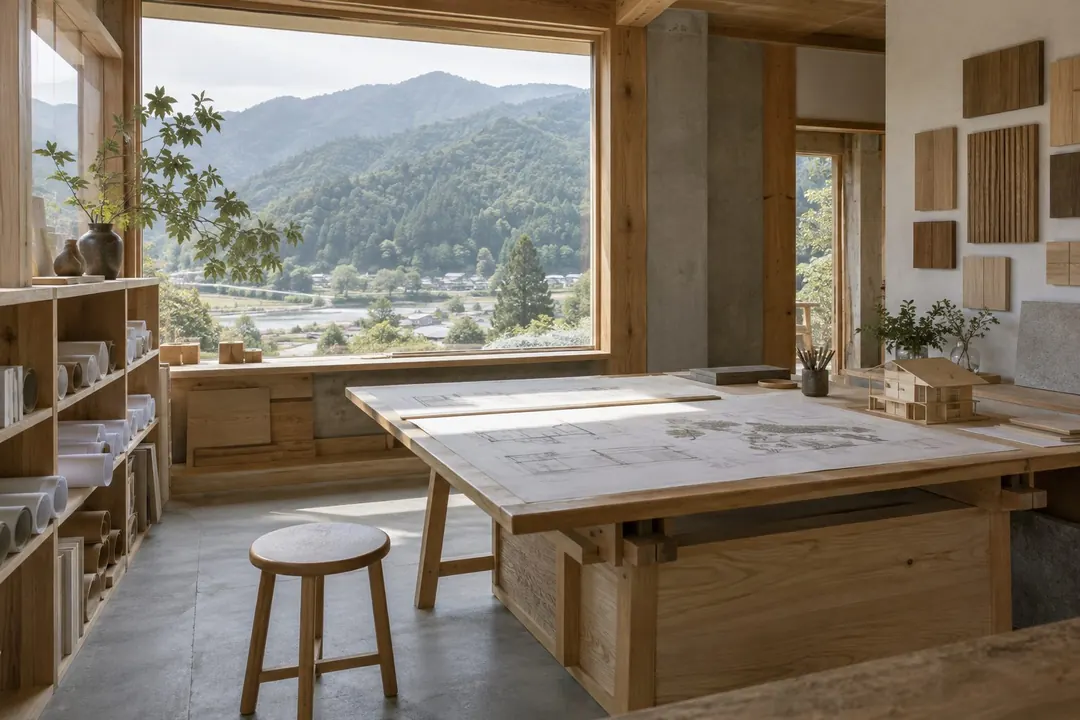 山の見える事務所の製図台